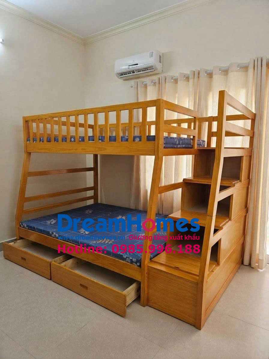 giường tầng trẻ em GT 192 1m4-1m2 gỗ Thông màu vàng gỗ
